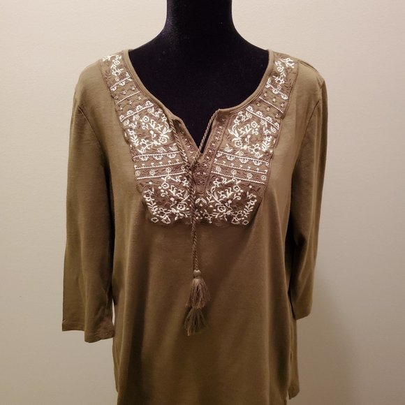 Olive V-neck Top with Embroidered Detail - Picture 1 of 2